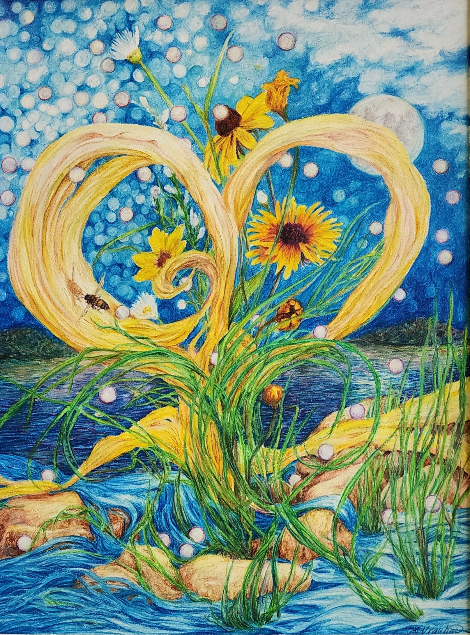 abstract painting with yellow hear and wildflowers