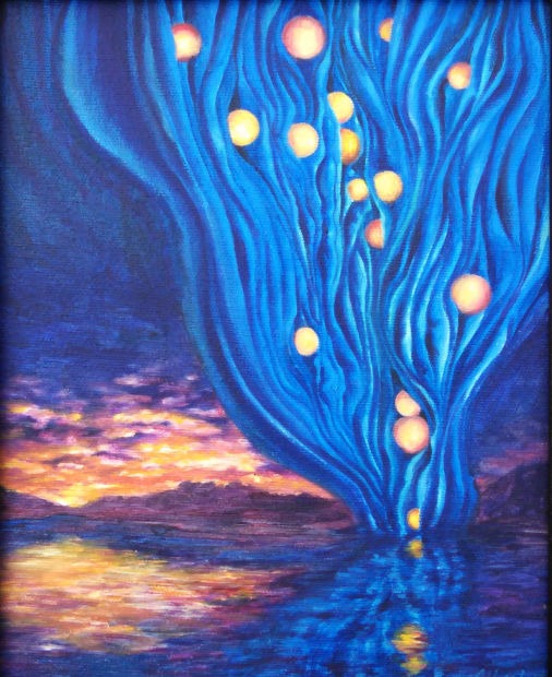 abstract painting of tornado over a lake