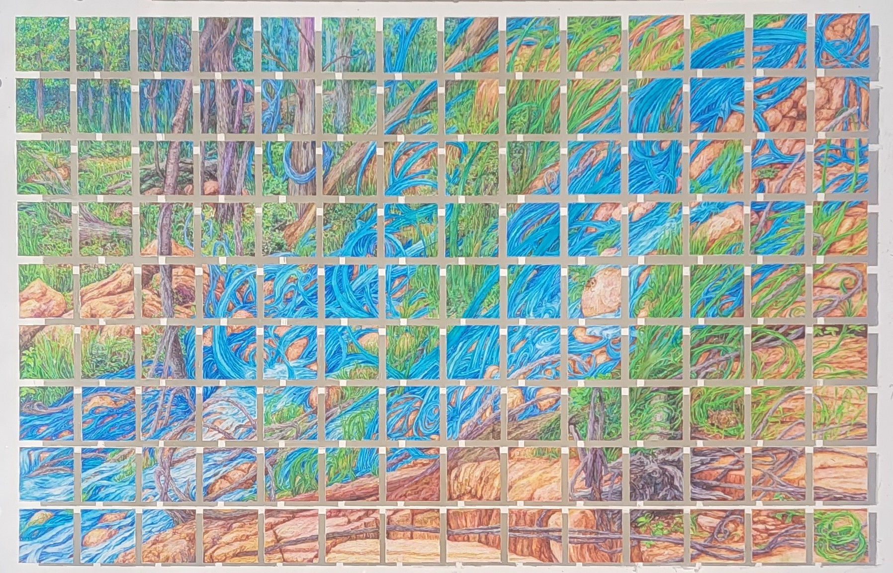 painting done in a grid with rocks plants and abstract water